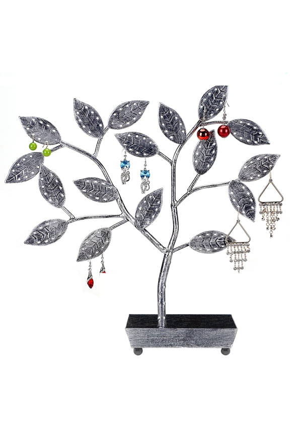 Tree Design Jewelry Hanger, Earring Necklace Holder with Ring Dish Tray, Silver