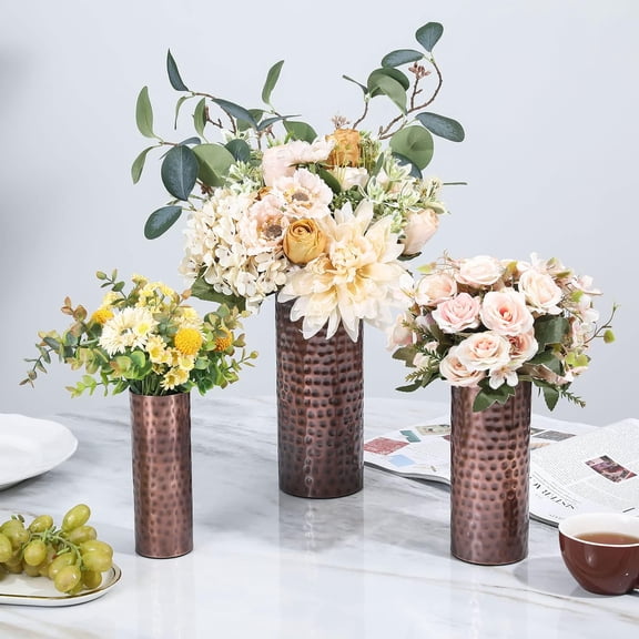 MyGift Vintage Copper Tone Hammered Metal Vases, Set of 3, Tall Cylinder Holders for Dried Stems and Home or Retail Displays