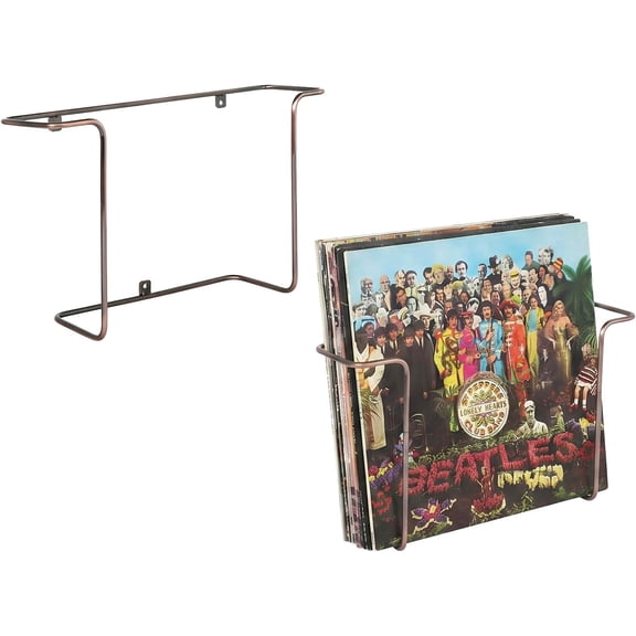 MyGift Vintage Copper Tone Wall Mounted Vinyl Record Shelves, Set of 2, Metal Wire LP Album Cover Display for Home and Retail
