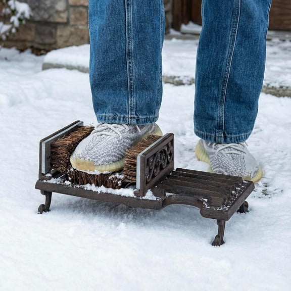 MyGift Vintage Dark Coffee Cast Iron Boot Scraper and Shoe Brush with Boot Jack, Outdoor Footwear Cleaner for Porches and Farms