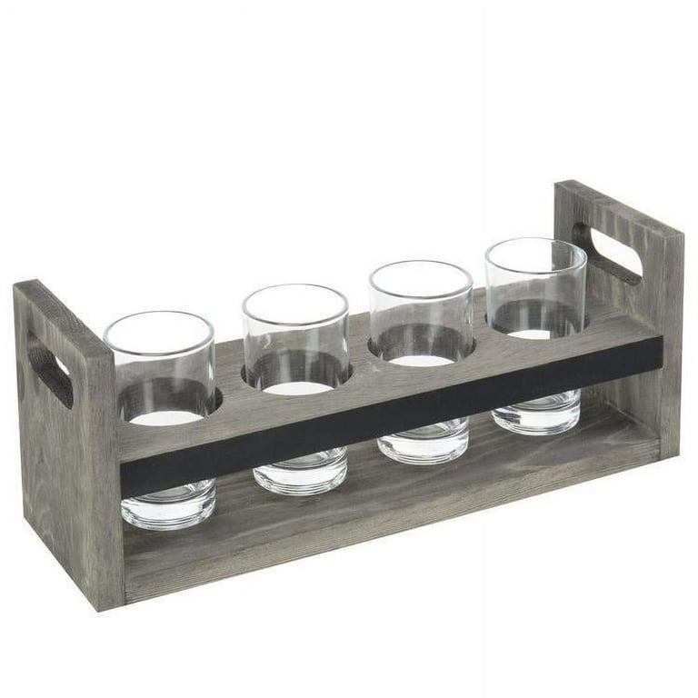 MyGift Vintage Gray Wood Beer Tasting Glasses Holder with 4 Clear