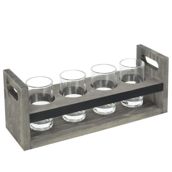 MyGift Vintage Gray Wood Beer Tasting Glasses Holder with 4 Clear Beer Glass