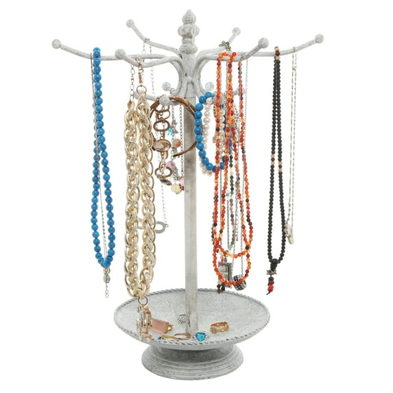 MyGift Vintage Style White Washed Metal 12 Hook Jewelry Organizer Tree Rack Stand