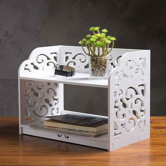 MyGift Vintage Tabletop White Wood Bookshelf Organizer, Scrollwork Design