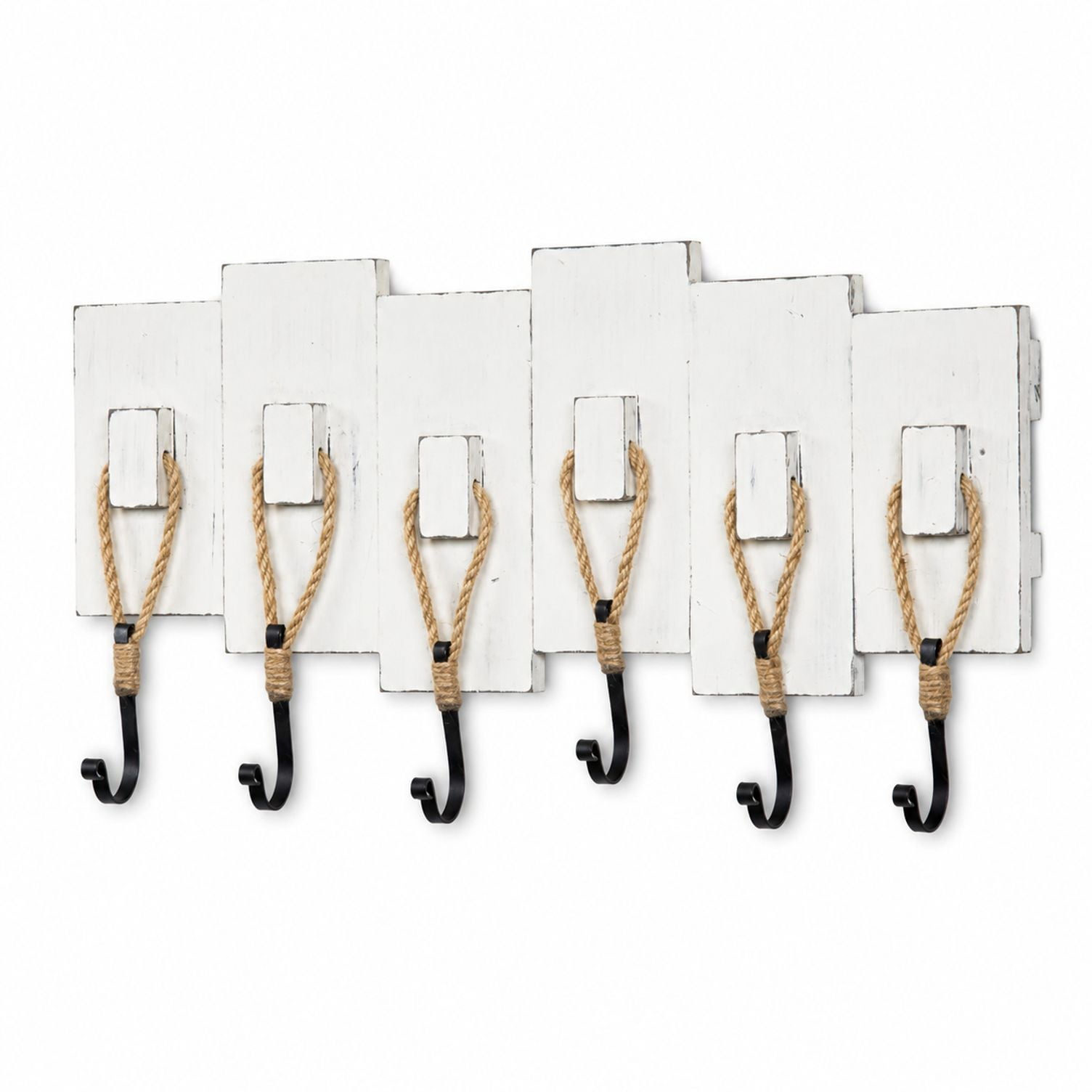 MyGift Vintage White Wood Wall-Mounted Coat Rack 6 Rope & Black Metal ...