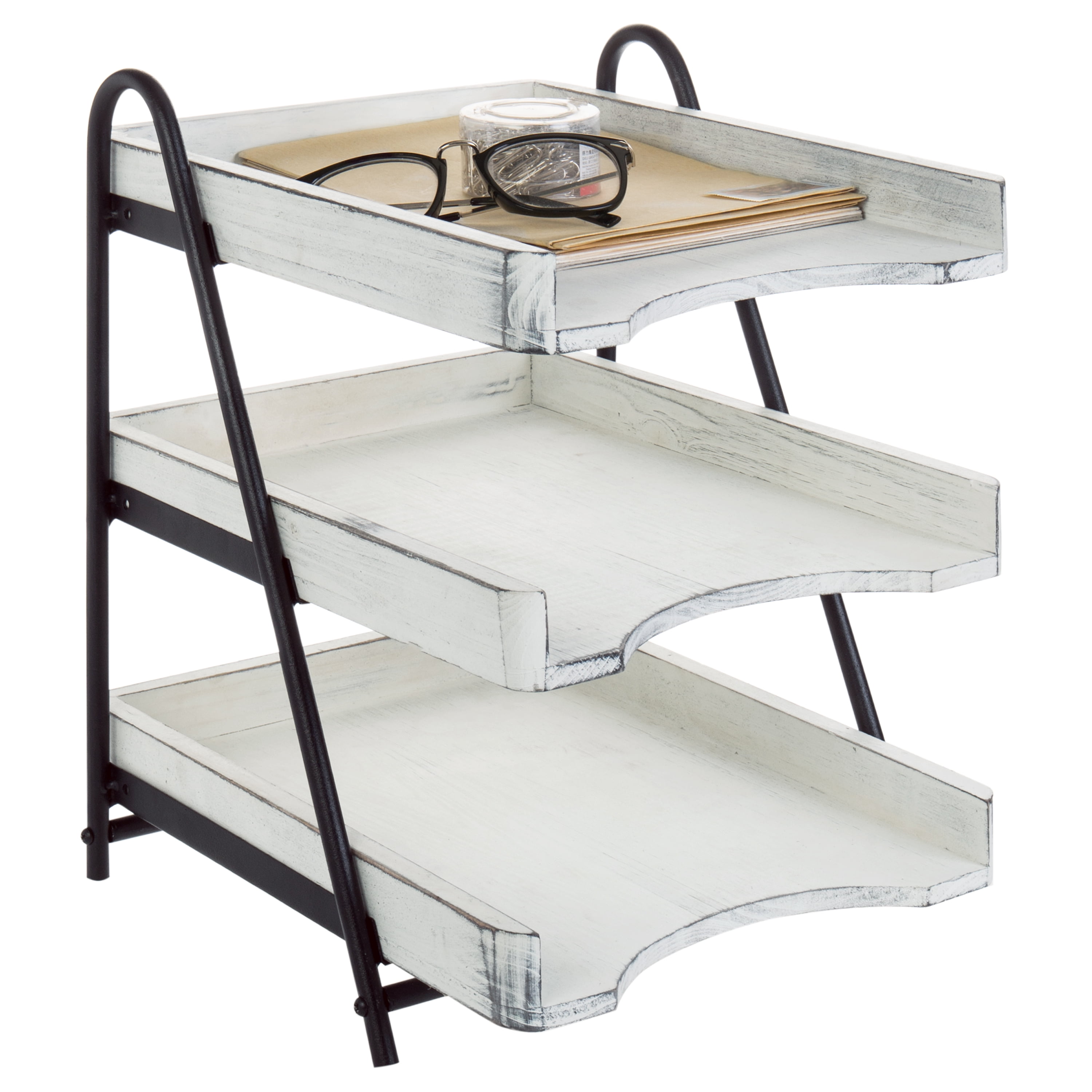 Vintage White Wood and Black Metal 3-Tier Office Desk Organizer