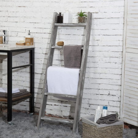 MyGift Wall-Leaning Rustic Gray and White Finish Wood Blanket Ladder Rack