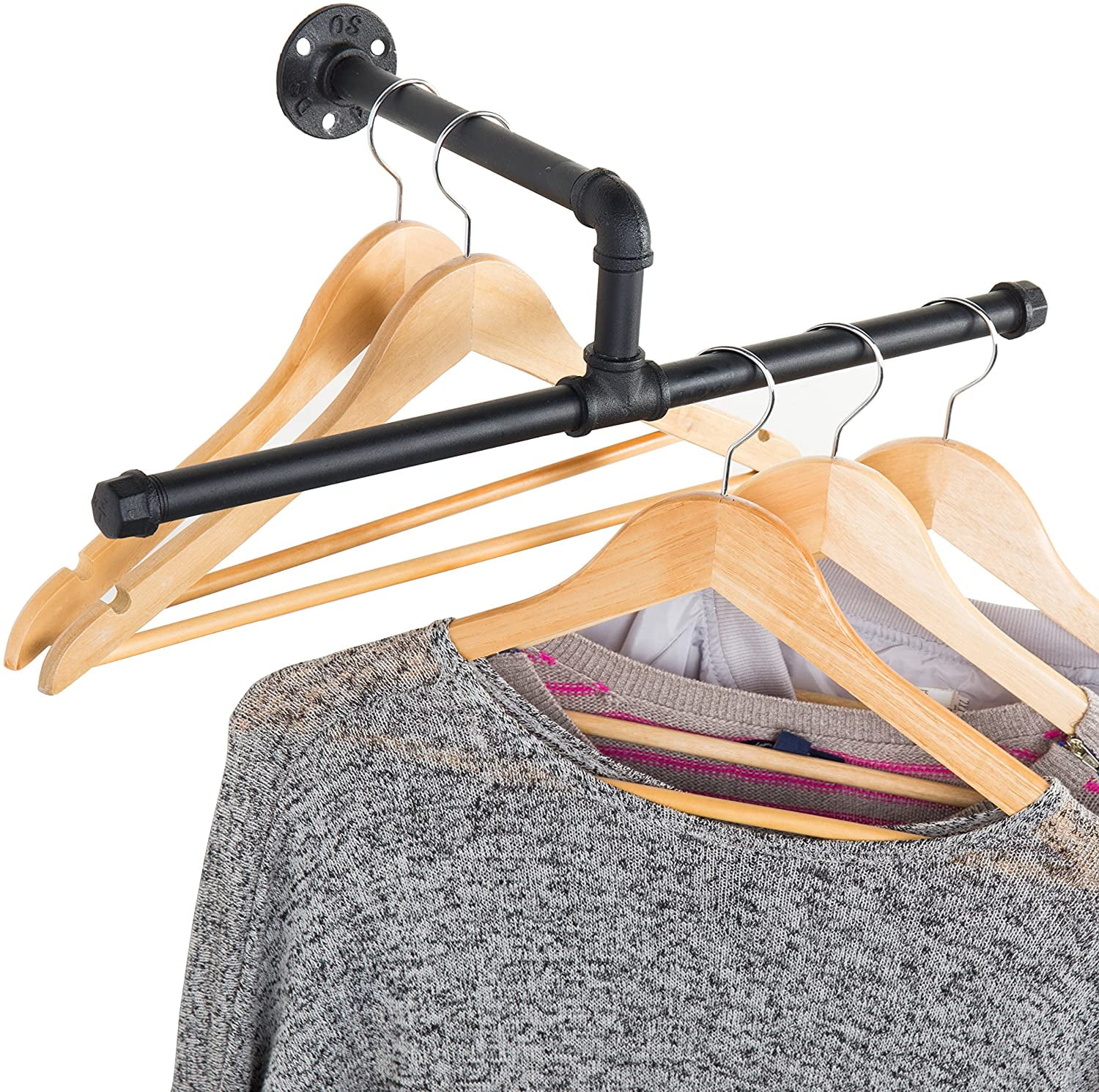 MyGift Wall-Mounted 20-Inch T-Bar Pipe Hanging Clothing Rack, Black