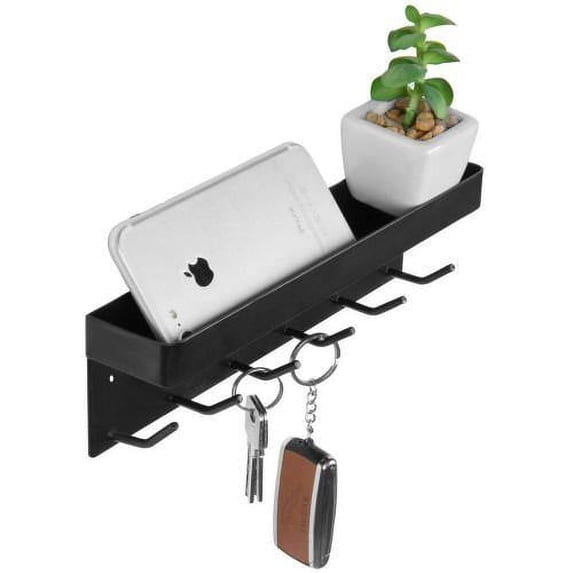 MyGift Wall Mounted Black Metal Key Rack for Wall Entryway with Mail Holder and Catchall Accessories Shelf