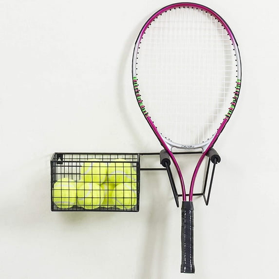MyGift Wall Mounted Black Metal Tennis Racket Holder with Ball Storage Basket