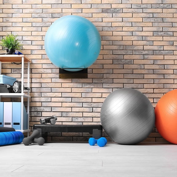 MyGift Wall Mounted Exercise & Sports Ball Holder, Burnt Wood & Black Metal Rack Large Stability Ball Display for Gym, Studio & Home