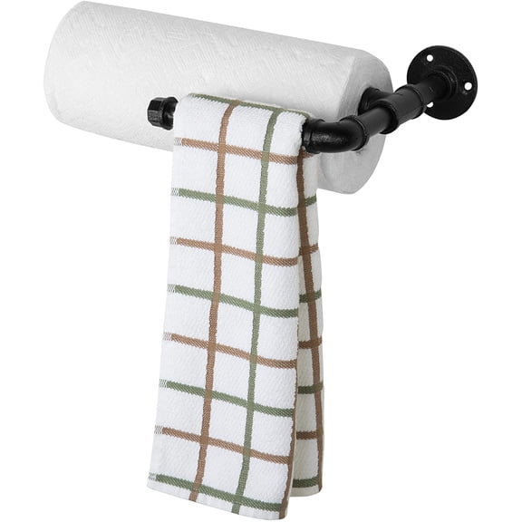MyGift Wall-Mounted Industrial Pipe Towel Rack and Dish Towel Holder, Black Metal