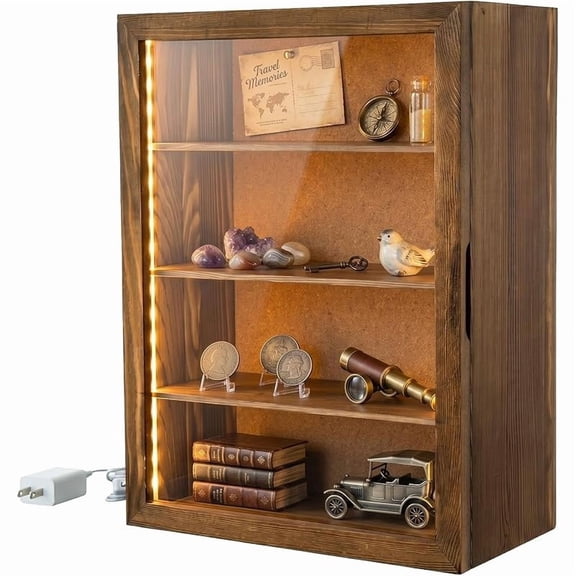 MyGift Wall-Mounted LED Shadow Box Display Case, Wood with Acrylic Door