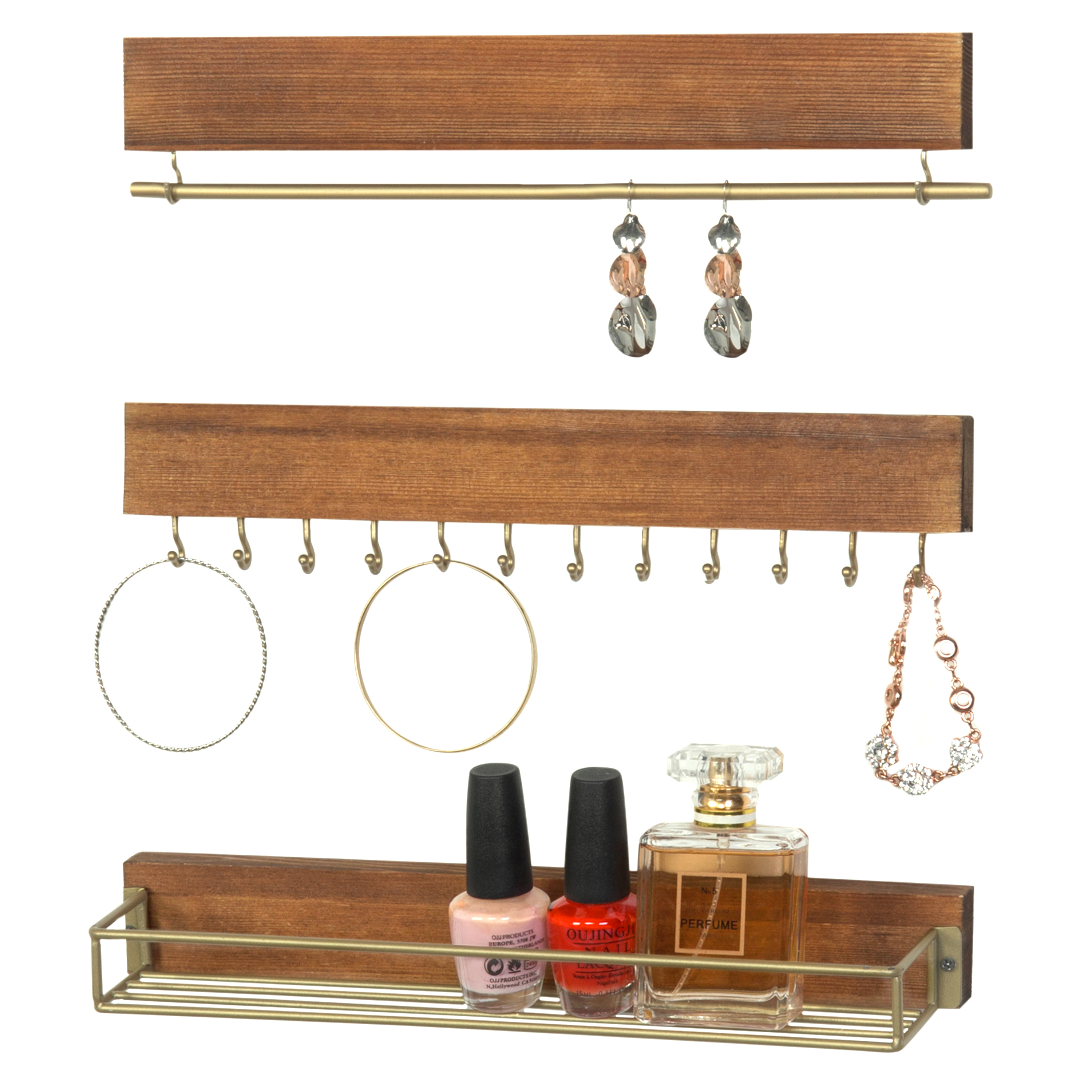 MyGift WallMounted Rustic Wood Jewelry Bracelet, Earrings and