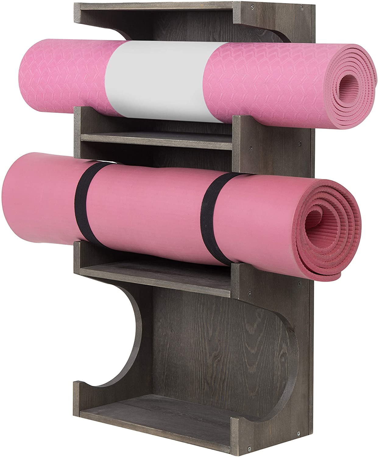 Vintage Gray Wood Wall-Mounted 3-Tier Yoga Mat Storage Rack