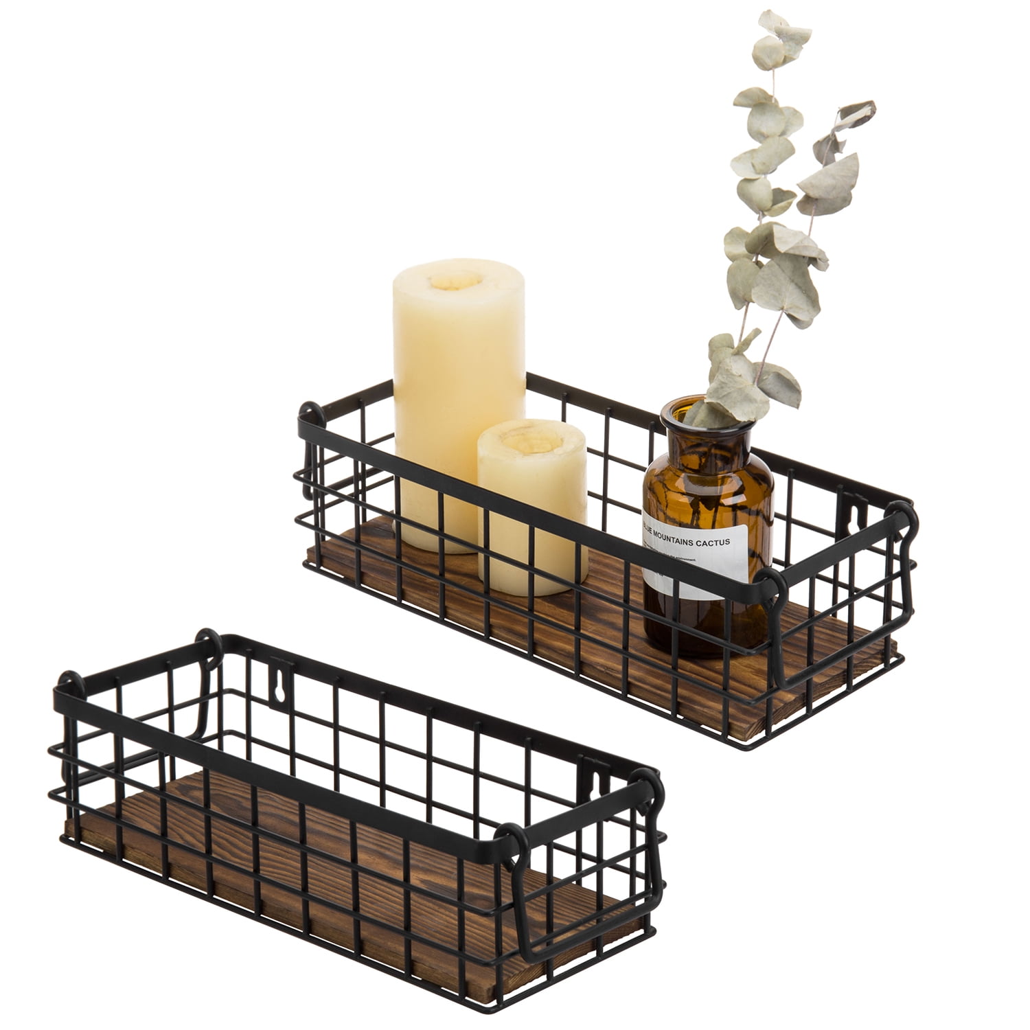 Rustic Black Metal Wire and Burnt Wood Rectangular Storage Baskets, Set of 2