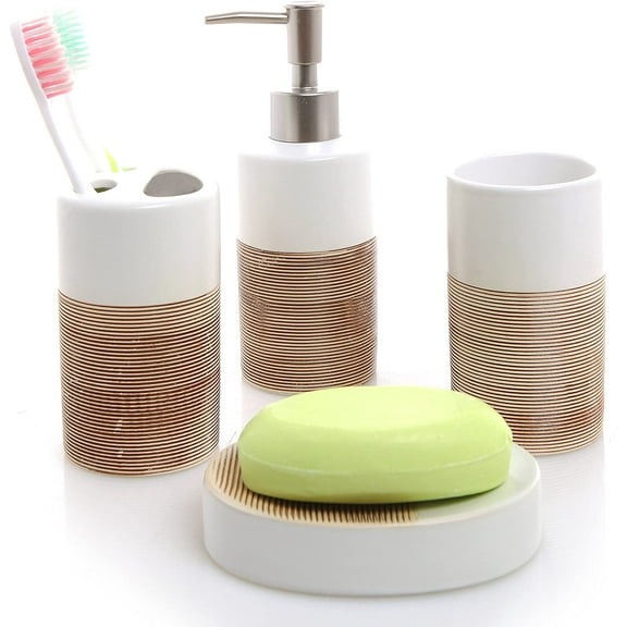 MyGift White & Beige Ceramic Bathroom Set W/ Soap Dispenser, Toothbrush Holder, Tumbler & Soap Dish