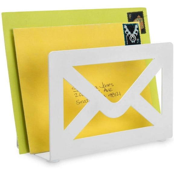 MyGift White Metal Envelope Cutout Design Desktop Mail Holder