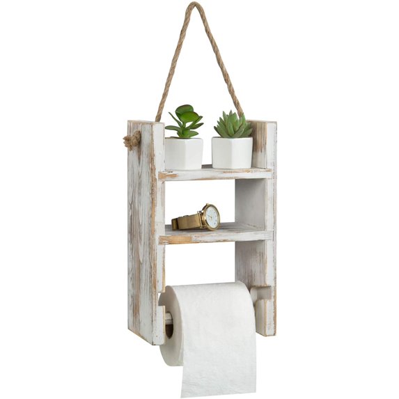 MyGift Whitewashed Wood Ladder Style Toilet Paper Roll Dispenser with Rope