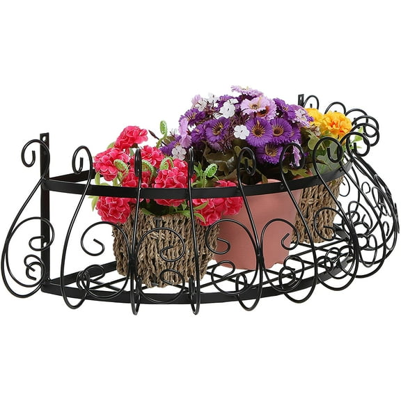 MyGift Window Boxes Planter, Wall Mounted Flower Plant Tack, Black Metal Scrollwork Design