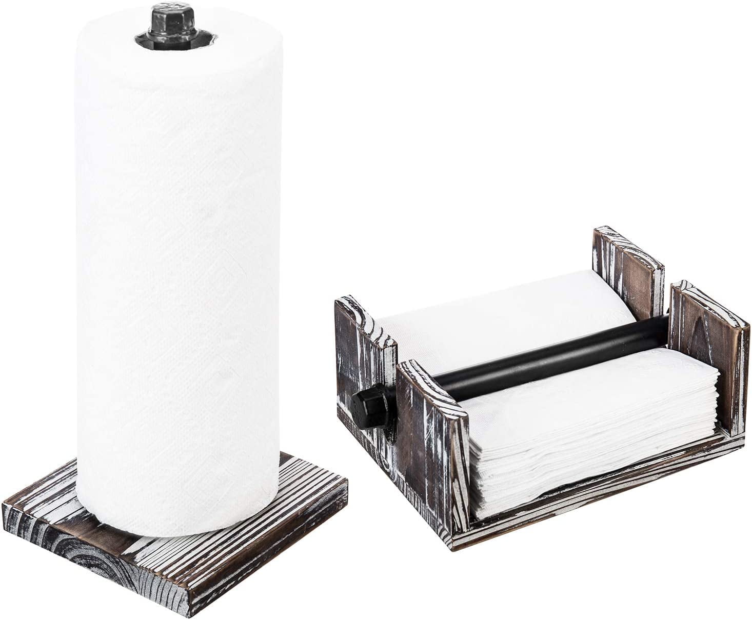MyGift Wood and Metal Paper Towel and Napkin Holder Set, Industrial Kitchen Decorative Organizer