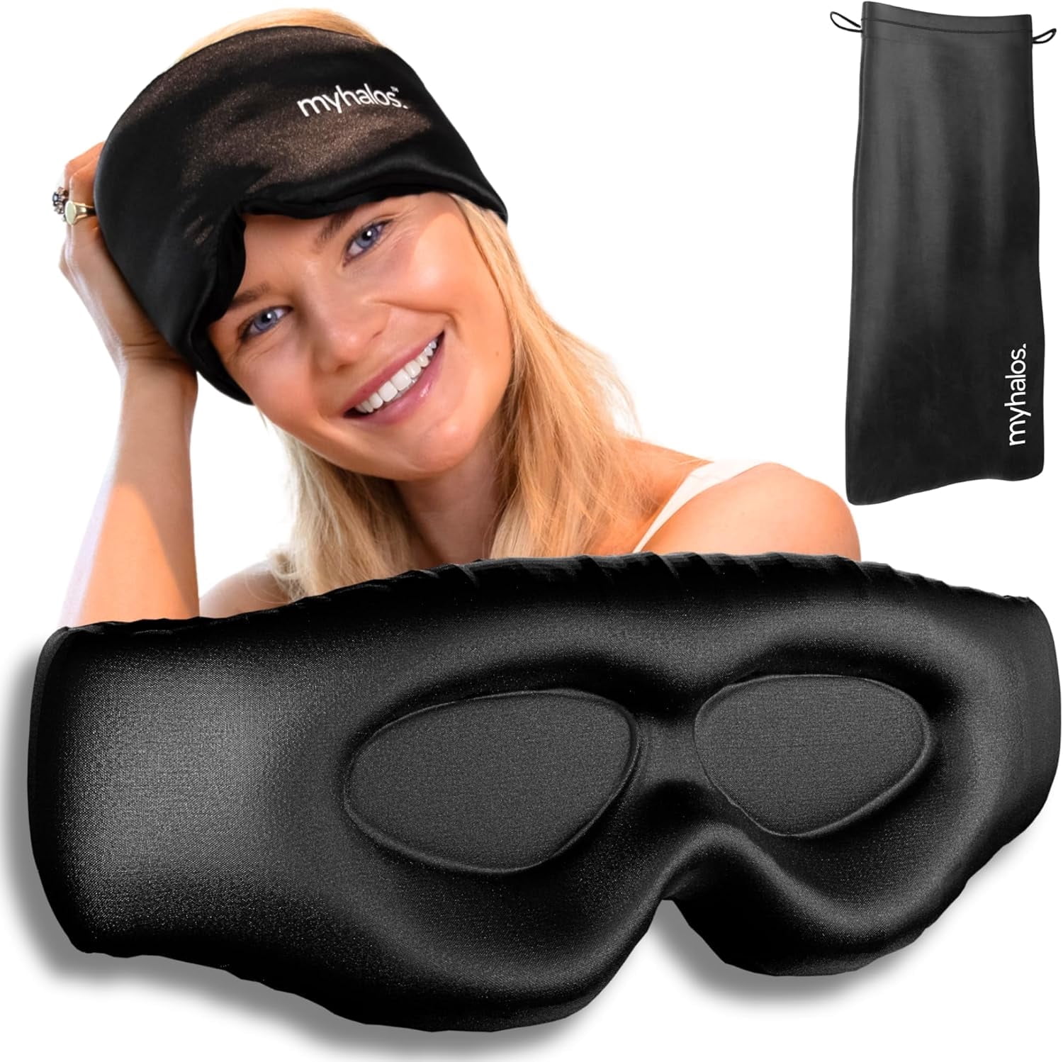 MyHalos 3D Mulberry Silk Sleep Mask for Women & Men with Cups, Blackout - Silk Eye Masks for Sleep Anywhere, Travel, Night, Face, Side