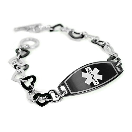 MyIDDr Deaf Medical ID Bracelet Black Steel ID Hearts Pre Engraved