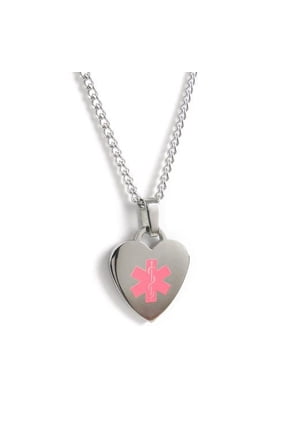 MyIDDr - Diabetic Medical ID Heart Pendant Necklace Stainless steel, Pre-Engraved Pink