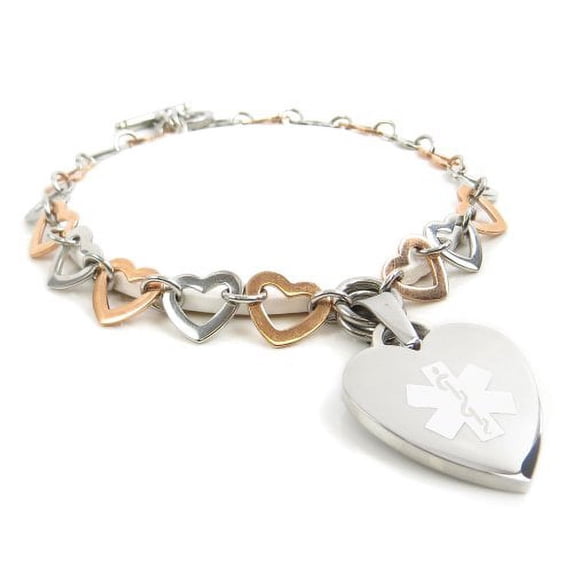 MyIDDr- Taking Warfarin Womens Medical Alert charm bracelet, Steel Hearts PreEngraved