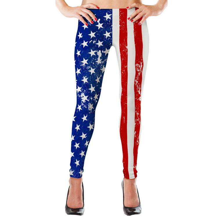 MyLeggings Buttersoft High Waistband Leggings Distressed American Flag -  Medium 
