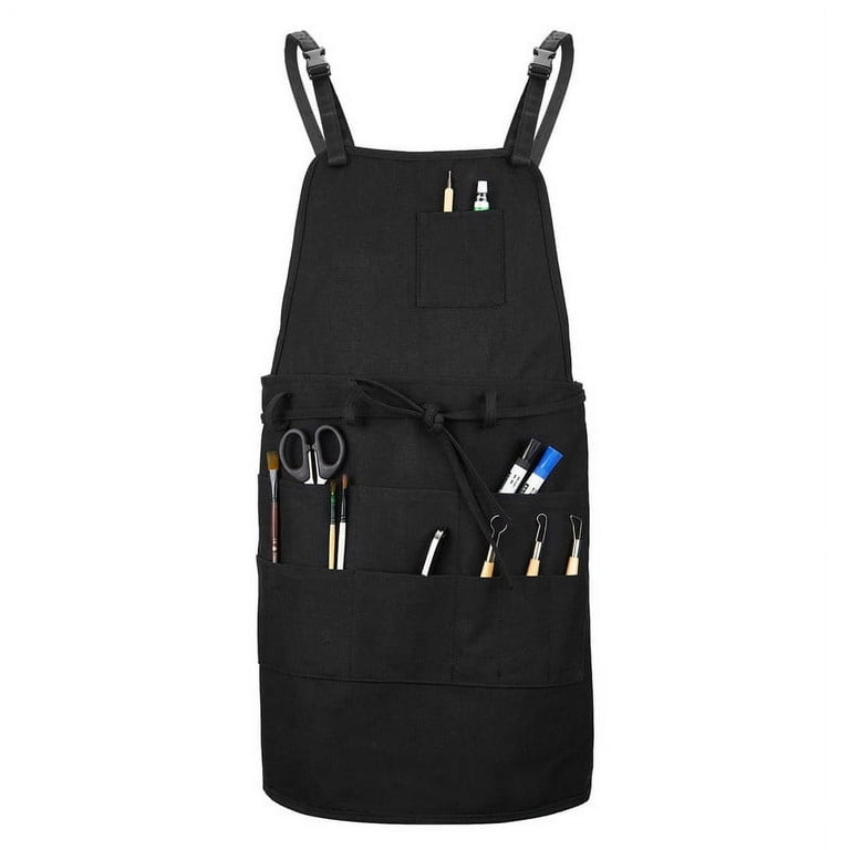 MyLifeUNIT Artist Apron, Adjustable Painting Apron with 10 Pockets for Arts and Craft, Black Canvas Pottery Apron for Women Men, Size: Small