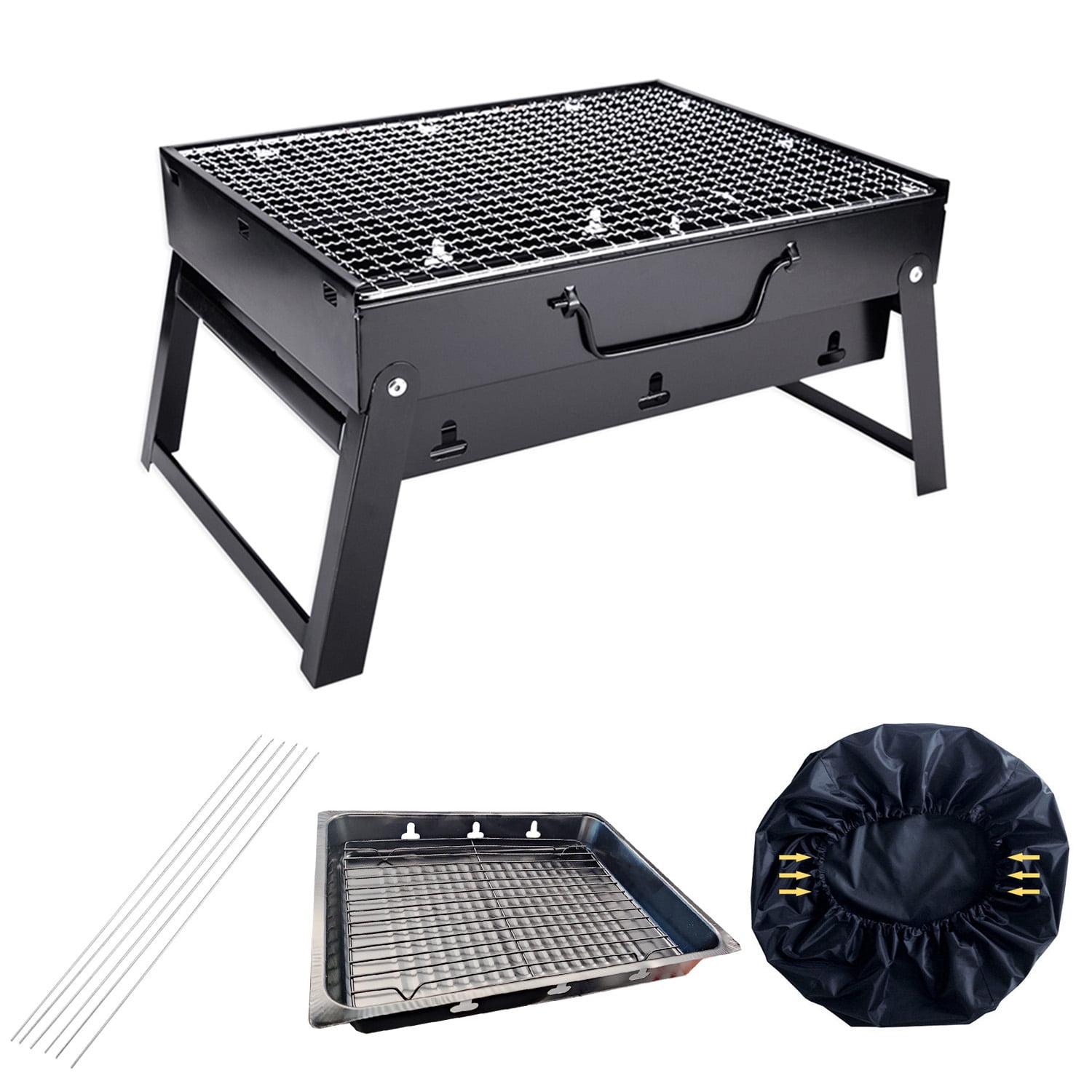 MyLifeUNIT Portable Charcoal Grill Set, Foldable Barbecue Grill with Wire Baskets, Barbecue Branders and Grill Covers