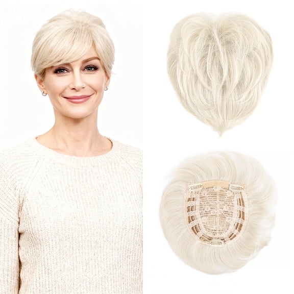 MyLike 5.5" Short Pixie Cut Hair Topper for Women, Light Ash Blonde Synthetic Hairpieces for Thinning Hair, Natural Curly Texture Clip in Wiglets Toppers