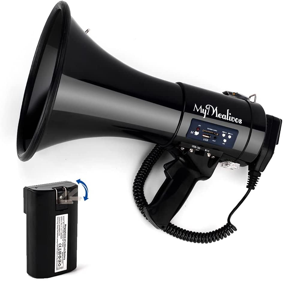 MyMealivos Bluetooth Megaphone with Siren Bullhorn 50 Watt Bullhorn Speaker with Detachable Microphone, Portable Lightweight Strap & 3.5mm Aux Input