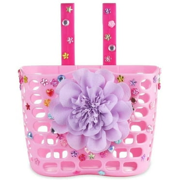 MyMiniFactory Kid's Bike Basket, Cute Flower Bling DIY Crystal Stickers Bicycle Front Handlebar Basket for Kid Girls, Purple Flower