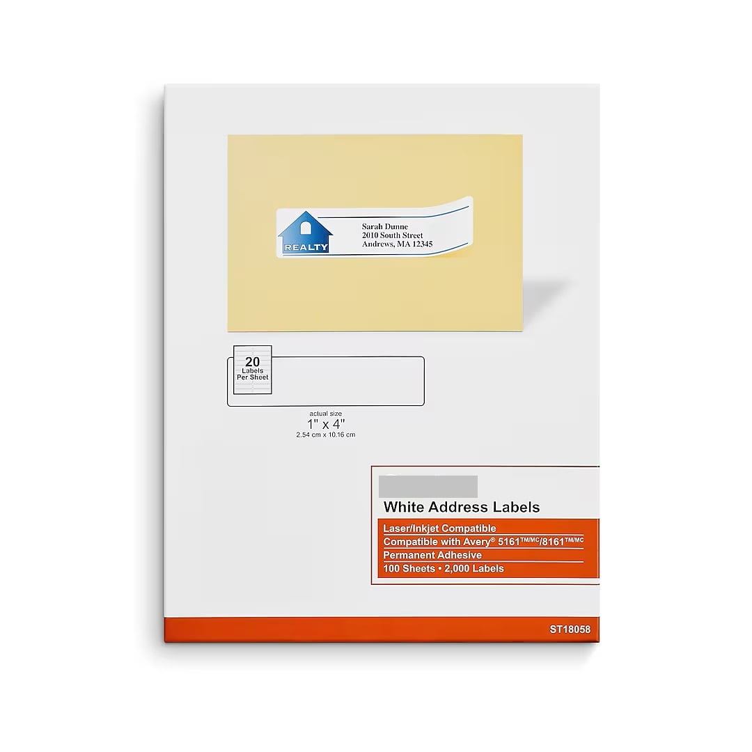 MyOfficeInnovations Laser/Inkjet Address Labels 1" x 4" White 20 Labels/Sheet 479879