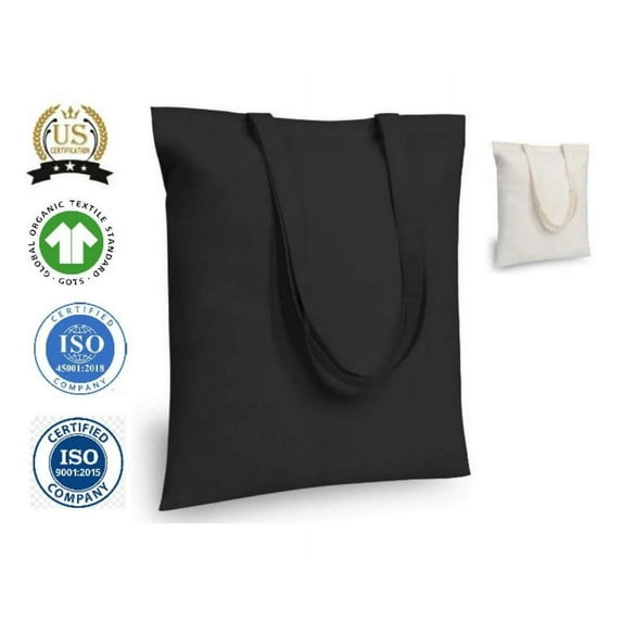 MyOrganicBag 3-Pack 16"x15" Black Cotton Tote Bags-Organic & ISO Certified, Reusable Shopping Bag
