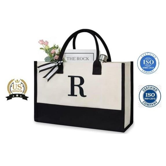 MyOrganicBag Handmade Cotton Canvas Tote Bag for Women – Embroidered, ISO Certified, Initial Bag (R)