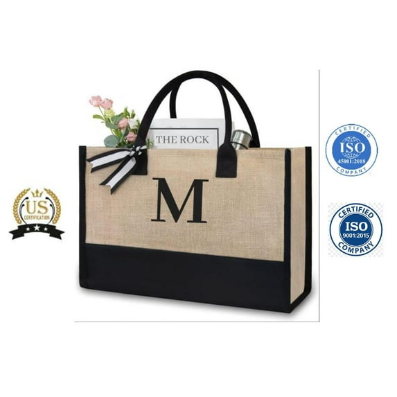 MyOrganicBag Handmade Burlap Jute Tote Bag for Women – Embroidered, ISO Certified, Initial Bag (M)