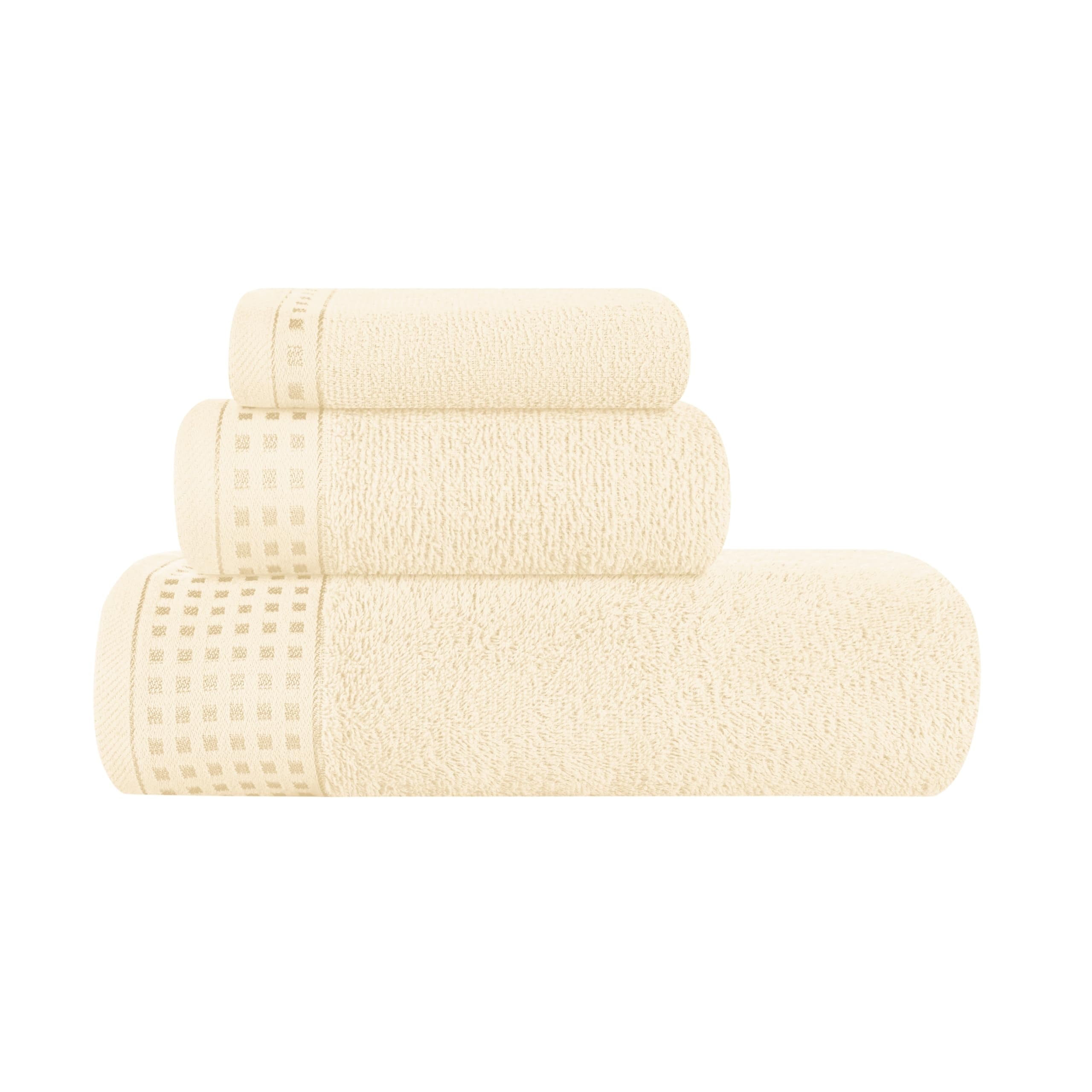 MyOwn Ultra Soft 3 Pack Cotton Towel Set, Contains a Bath Towel 28x55 inch, a Hand Towel 16x24 inch & a Wash Coth 12x12 inch, Ideal Everyday use, Compact & Lightweight - Ivory