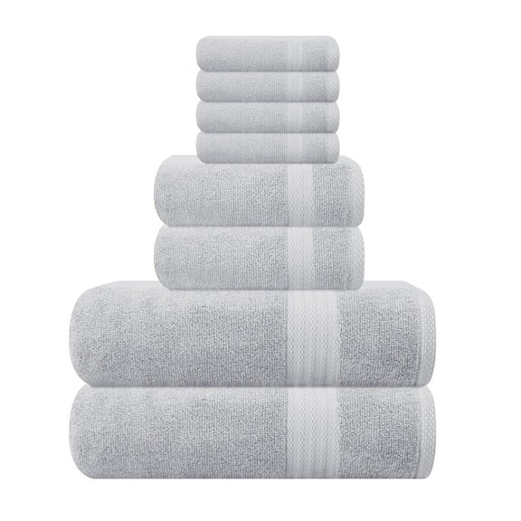 MyOwn Ultra Soft 8 Piece Towel Set - 100% Pure Ring Spun Cotton, Contains 2 Oversized Bath Towels 27x54, 2 Hand Towels 16x28, 4 Wash Cloths 13x13 - Ideal for Everyday use, Hotel & Spa - Light Grey
