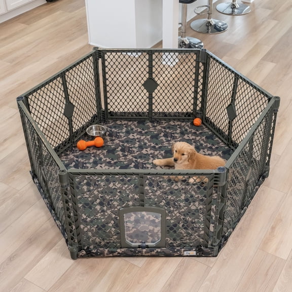 Petyard Protect Bundle, 6-Panel Indoor & Outdoor Playpen and Mat for Dogs, Green Camo