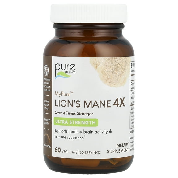 MyPure Lion's Mane 4X Mushroom Supplement by Pure Essence - 100% Real Mushroom Extract for Immune System Support, Combat Stress, Build Energy - 60 Capsules
