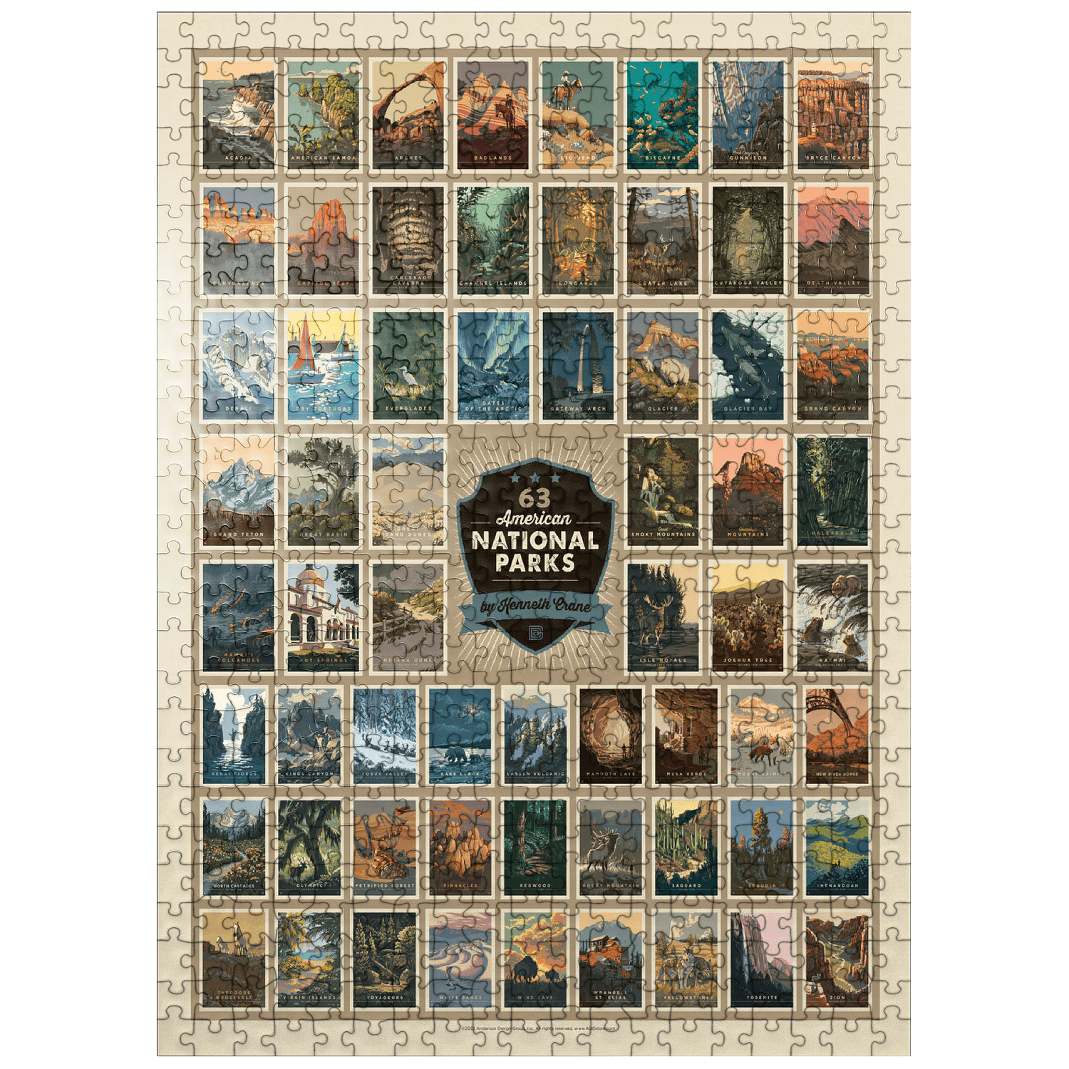 MyPuzzle - 63 American National Parks: By Kenneth Crane, Vintage Poster - Premium 500 Piece Jigsaw Puzzle for Adults