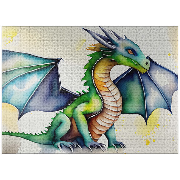 MyPuzzle - Abstract Watercolor Dragon Green Juvenile Fantasy Canvas - Premium 1000 Piece Jigsaw Puzzle for Adults