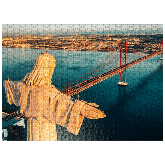 MyPuzzle - Aerial View Of The Sanctuary Of Christ The King, Santuario De Cristo Rei. Lisbon, Portugal. Drone Photo At Sunrise. Catholic Monument - Premium 500 Piece Jigsaw Puzzle for Adults