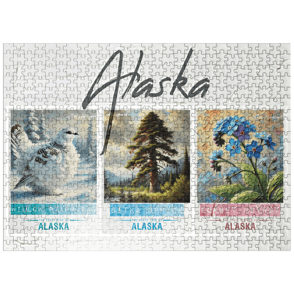 MyPuzzle - Alaska: Bird, Tree, Flower- State Symbols Collage Series - Premium 500 Piece Jigsaw Puzzle for Adults