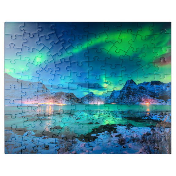 MyPuzzle - Aurora Borealis Over Sea Coast, Lights At Night. Northern Lights On Lofoten Islands, Norway - Premium 100 Piece Jigsaw Puzzle for Adults