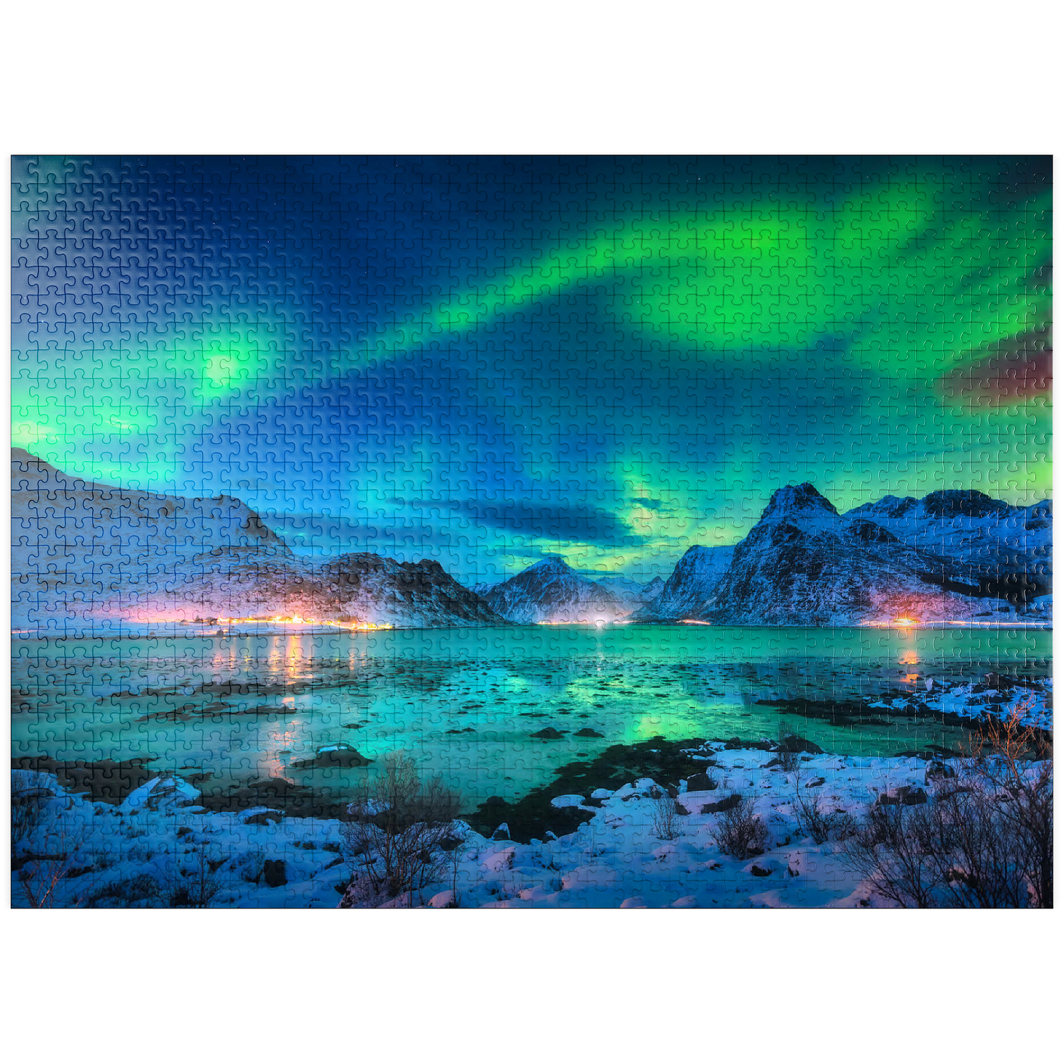MyPuzzle - Aurora Borealis Over Sea Coast, Lights At Night. Northern Lights On Lofoten Islands, Norway - Premium 1000 Piece Jigsaw Puzzle for Adults