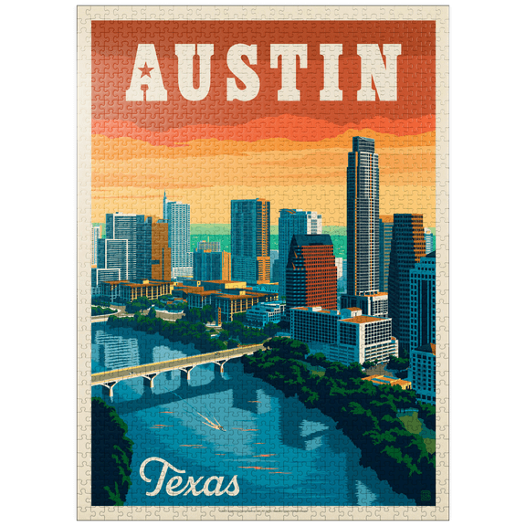 MyPuzzle - Austin, Texas: Skyline, Vintage Poster - Premium 1000 Piece Jigsaw Puzzle for Adults